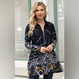 New, Orange Fashion Village Navy/Gold Floral Zip-Front Tunic with Pockets.